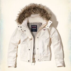 Hollister White Jacket with Faux Fur Hood